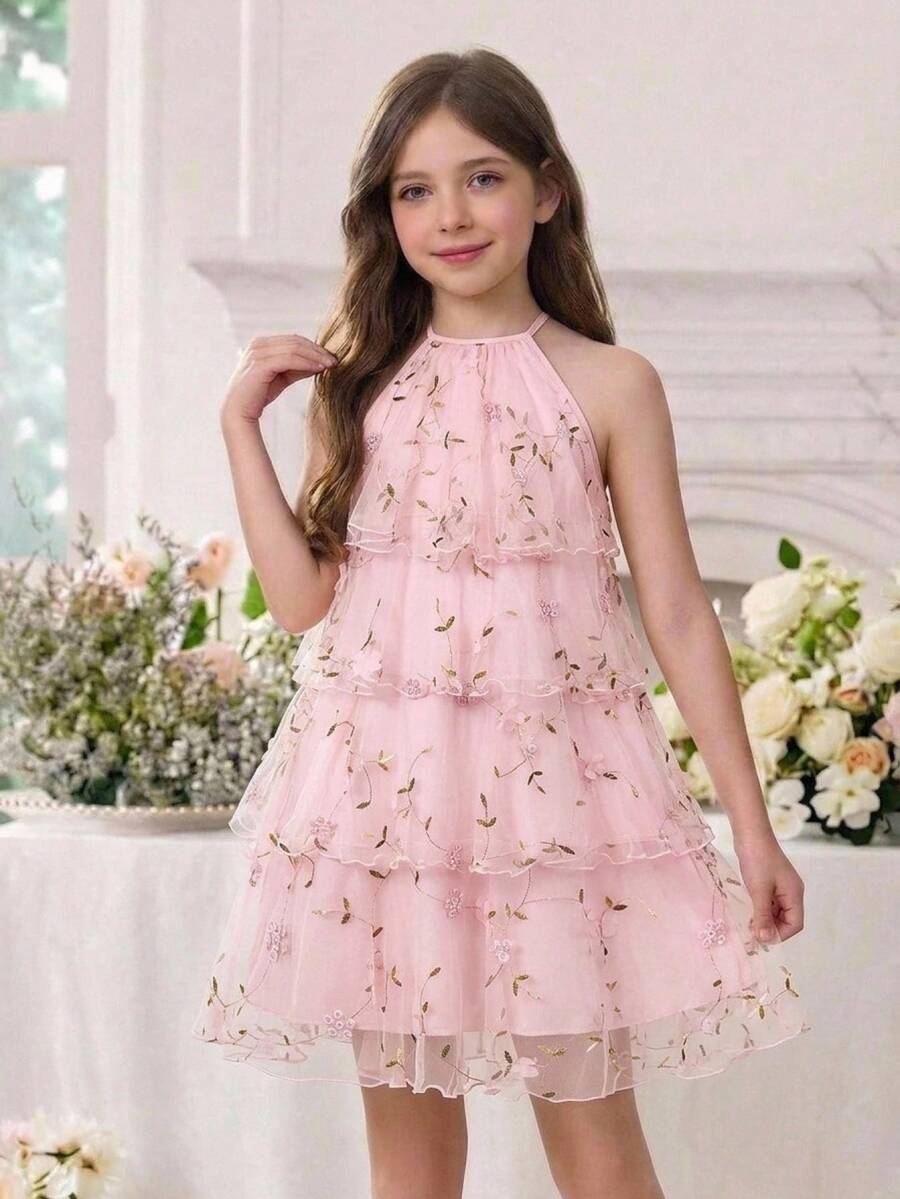 Pitira Tween Girl Pink Mesh Embroidered Elegant Halter Layered Dress - Pink - View 1