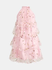 Pitira Tween Girl Pink Mesh Embroidered Elegant Halter Layered Dress - Pink - View 3