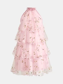 Pitira Tween Girl Pink Mesh Embroidered Elegant Halter Layered Dress - Pink - View 2