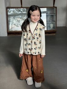 Dazy Kids Young Girl Embroidered Frill Trim Loose Fit Long Pants - Brown - View 8