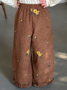 Dazy Kids Young Girl Embroidered Frill Trim Loose Fit Long Pants - Brown - View 7
