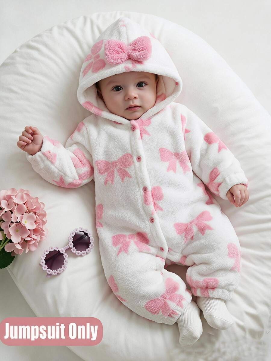 SHEIN Baby Girl Bow Print Long Sleeve Cute Hooded Jumpsuit - Pink - View 1