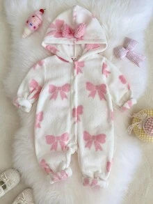 SHEIN Baby Girl Bow Print Long Sleeve Cute Hooded Jumpsuit - Pink - View 6