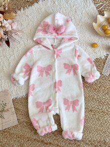 SHEIN Baby Girl Bow Print Long Sleeve Cute Hooded Jumpsuit - Pink - View 3