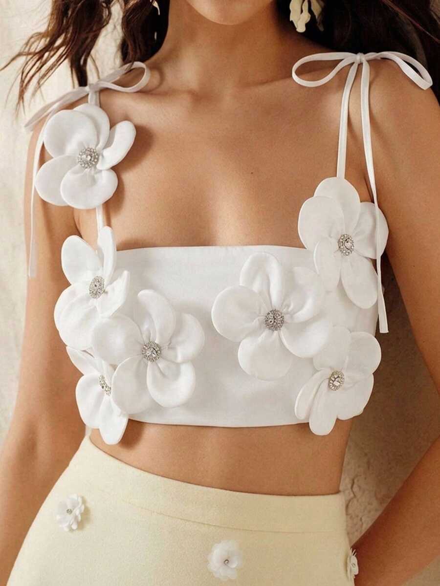 BELROSIE White Sweet And Cute Minimalist Sexy Heavy Work Exquisite 3D Flower Back Cross Strap Short Camisole - White - View 1