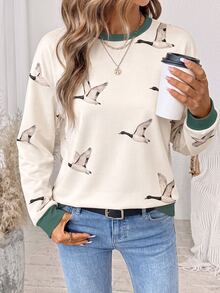 SHEIN LUNE بلوزة رياضية نسائية كاجوال للارتداء اليومي بنمط طيور وأكمام طويلة - أبيض - مشاهدة 8