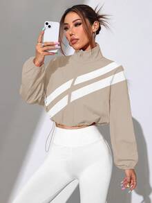 Dewbera Dewbera Jaket Olahraga Colorblock dengan Resleting Penuh dan Tali Serut di Bagian Bawah, Musim Semi/Gugur - Khaki - View 4