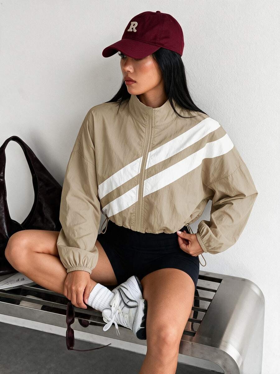Dewbera Dewbera Jaket Olahraga Colorblock dengan Resleting Penuh dan Tali Serut di Bagian Bawah, Musim Semi/Gugur