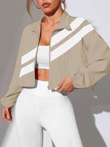 Dewbera Dewbera Jaket Olahraga Colorblock dengan Resleting Penuh dan Tali Serut di Bagian Bawah, Musim Semi/Gugur - Khaki - View 7