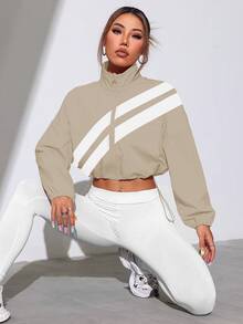 Dewbera Dewbera Jaket Olahraga Colorblock dengan Resleting Penuh dan Tali Serut di Bagian Bawah, Musim Semi/Gugur - Khaki - View 6