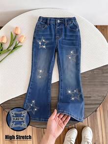 SHEIN 女童 Y2K 牛仔西部女牛仔復古水鑽星星印花鬆緊腰高彈力喇叭褲腿柔軟牛仔褲 秋季藍色 親子款 - 深色水洗藍 - 查看 9
