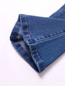 SHEIN 女童 Y2K 牛仔西部女牛仔復古水鑽星星印花鬆緊腰高彈力喇叭褲腿柔軟牛仔褲 秋季藍色 親子款 - 深色水洗藍 - 查看 6
