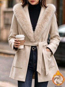 Balvessa Women's Solid Color Fur Collar Long Sleeve Elegant Regular Fit ...