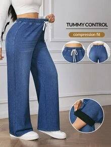Flexra Quần jeans ống rộng nữ chất dệt kim composite, cạp chun rút, phong cách thường ngày - Màu xanh lam - Xem 2