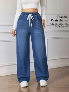 Flexra Quần jeans ống rộng nữ chất dệt kim composite, cạp chun rút, phong cách thường ngày - Màu xanh lam - Xem 9
