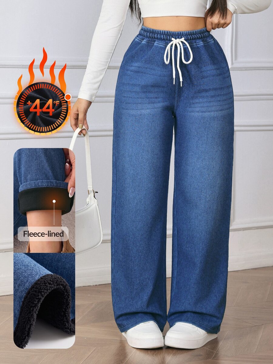 Flexra Quần jeans ống rộng nữ chất dệt kim composite, cạp chun rút, phong cách thường ngày - Màu xanh lam - Xem 1