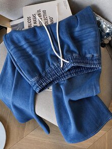 Flexra Quần jeans ống rộng nữ chất dệt kim composite, cạp chun rút, phong cách thường ngày - Màu xanh lam - Xem 6
