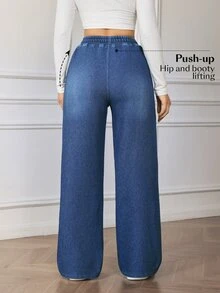 Flexra Quần jeans ống rộng nữ chất dệt kim composite, cạp chun rút, phong cách thường ngày - Màu xanh lam - Xem 8