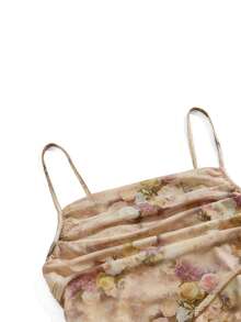 Modmama Maternity Floral Print Ruched Bodycon Fishtail Hem Cami Dress, Summer Vacation Style Beige For Photography Photoshoot Elegant Sexy Romance - Khaki - View 5