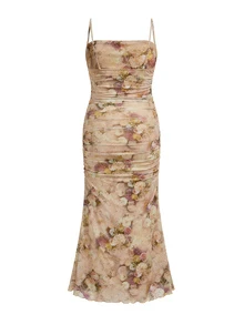 Modmama Maternity Floral Print Ruched Bodycon Fishtail Hem Cami Dress, Summer Vacation Style Beige For Photography Photoshoot Elegant Sexy Romance - Khaki - View 3