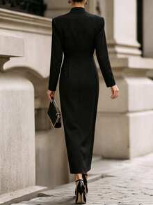 SHEIN فستان نسائي أنيق بأزرار معدنية وكسرات أمامية مع فتحة جانبية - الأسود - مشاهدة 2