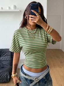 Coolane Summer For Women Streetwear Going Out Everyday Holiday Basic Minimalist Y2K Daily Wear Casual Contrast Striped Loose Ruched - Green - View 1