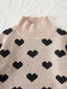 SHEIN 女童新款可愛愛心提花下擺不對稱尖角下擺高品質長袖針織高領套頭毛衣搭配純黑色直筒針織長褲 2件套，適合秋冬日常穿著與聚會 - 彩色 - 查看 3