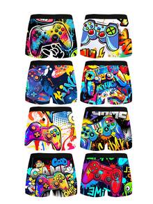 Random 5pcs/Pack Tween Boys Boxer Briefs, Multi-Element Graffiti Smiling Face Sports Print, Elastic Waistband, Soft Skin-Friendly Mid-To-Large Kids Boxer Shorts - Grey - View 1
