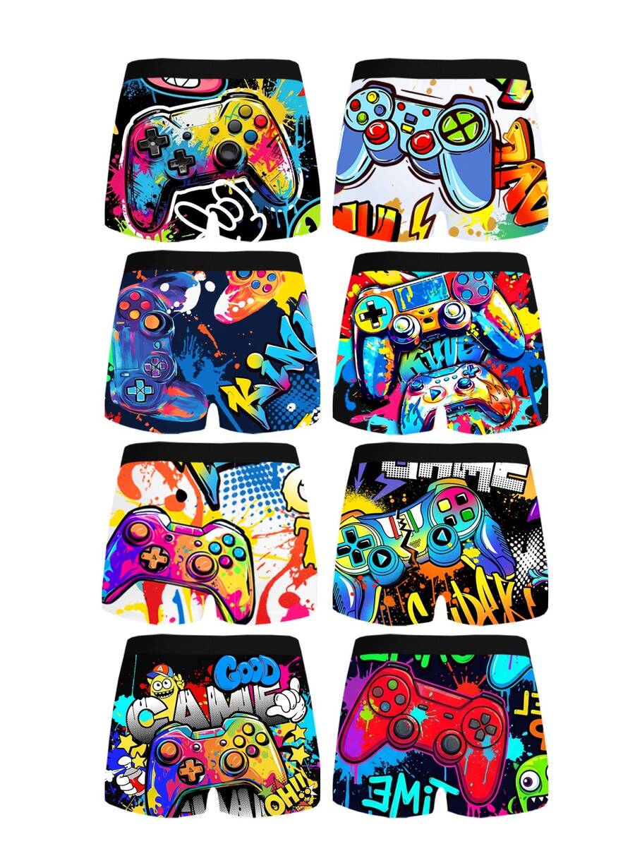 Random 5pcs/Pack Tween Boys Boxer Briefs, Multi-Element Graffiti Smiling Face Sports Print, Elastic Waistband, Soft Skin-Friendly Mid-To-Large Kids Boxer Shorts - Grey - View 1