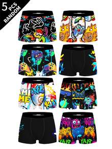Random 5pcs/Pack Tween Boys Boxer Briefs, Multi-Element Graffiti Smiling Face Sports Print, Elastic Waistband, Soft Skin-Friendly Mid-To-Large Kids Boxer Shorts - Grey - View 3