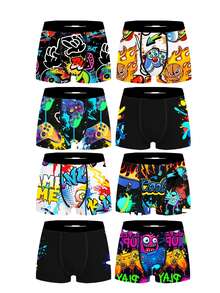 Random 5pcs/Pack Tween Boys Boxer Briefs, Multi-Element Graffiti Smiling Face Sports Print, Elastic Waistband, Soft Skin-Friendly Mid-To-Large Kids Boxer Shorts - Grey - View 4