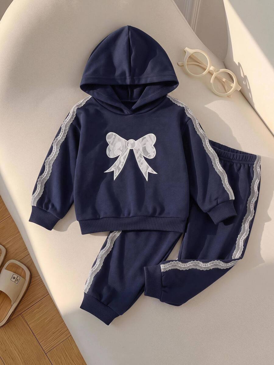 SHEIN Baby Girl Trim Contrast Color Bow Embroidered Pattern Hooded Thick Fleece Pullover Autumn Sweatshirt Casual Loose Sweatpants Set Suitable For Winter - Navy Blue - View 1