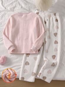 2pcs/Set Baby Girl Pink Long Sleeve Top And Cartoon Heart Print Pants, Winter Flannel Pajama Set, Girls Home Wear Set With Fuzzy Pattern Print, 2 Pieces Pajama Set - Multicolor - View 3