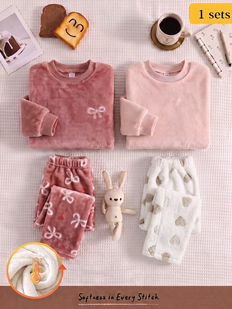 2pcs/Set Baby Girl Pink Long Sleeve Top And Cartoon Heart Print Pants, Winter Flannel Pajama Set, Girls Home Wear Set With Fuzzy Pattern Print, 2 Pieces Pajama Set - Multicolor - View 1