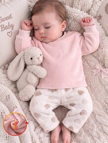 2pcs/Set Baby Girl Pink Long Sleeve Top And Cartoon Heart Print Pants, Winter Flannel Pajama Set, Girls Home Wear Set With Fuzzy Pattern Print, 2 Pieces Pajama Set - Multicolor - View 6