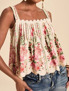 Travachic Women's Fashion Versatile Tropical Boho Floral Print Pleated Tank Top Versatile Daily Wear Vacation Beach Pink Floral Summer - Multicolor - View 4