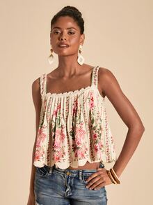 Travachic Women's Fashion Versatile Tropical Boho Floral Print Pleated Tank Top Versatile Daily Wear Vacation Beach Pink Floral Summer - Multicolor - View 2