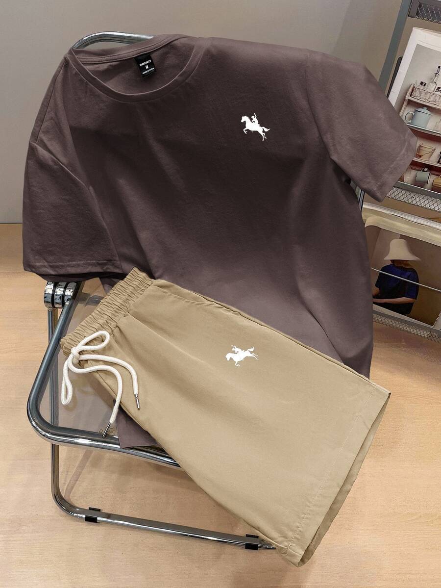 Daypath Men's Fitted Brown Knit Top And Khaki Woven Shorts Set - Brown - View 1