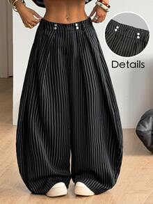 Coolane Women's Plus Size Fall Winter Formal Elegant Streetwear Casual Hippie Striped Oversize Black Striped Elastic Waistband Mid Rise Banana Pants Halloween - Black - View 1