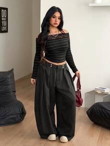 Coolane Women's Plus Size Fall Winter Formal Elegant Streetwear Casual Hippie Striped Oversize Black Striped Elastic Waistband Mid Rise Banana Pants Halloween - Black - View 2