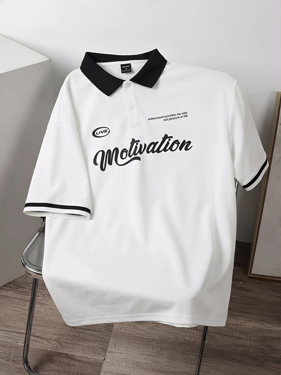 Daypath Loose Fit Men's Letter Graphic Contrast Collar Polo Shirt - White - View 1