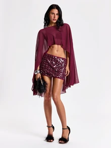 ROMWE Y2K Hot Girl Party Outfit Chiffon Cover-Up And Mini Sequin Skirt 2 Pieces Set - Burgundy - View 6