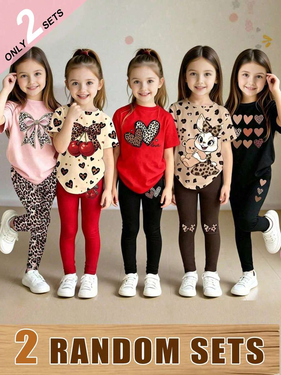 2 Sets Random Girls Toddler Cute Print Casual Style Basic Short T-Shirt + Leggings.Only 2 Sets