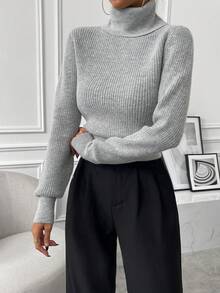 SHEIN 高领罗纹针织毛衣，长袖套头针织衫，秋冬毛衣 - 灰色 - 查看 8