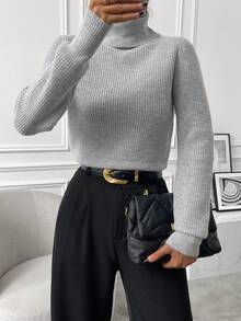 SHEIN 高领罗纹针织毛衣，长袖套头针织衫，秋冬毛衣 - 灰色 - 查看 9