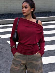 INAWLY Solva Women's Solid Color Asymmetrical Shoulder Long Sleeve Fashion Elegant Top - Burgundy - View 1