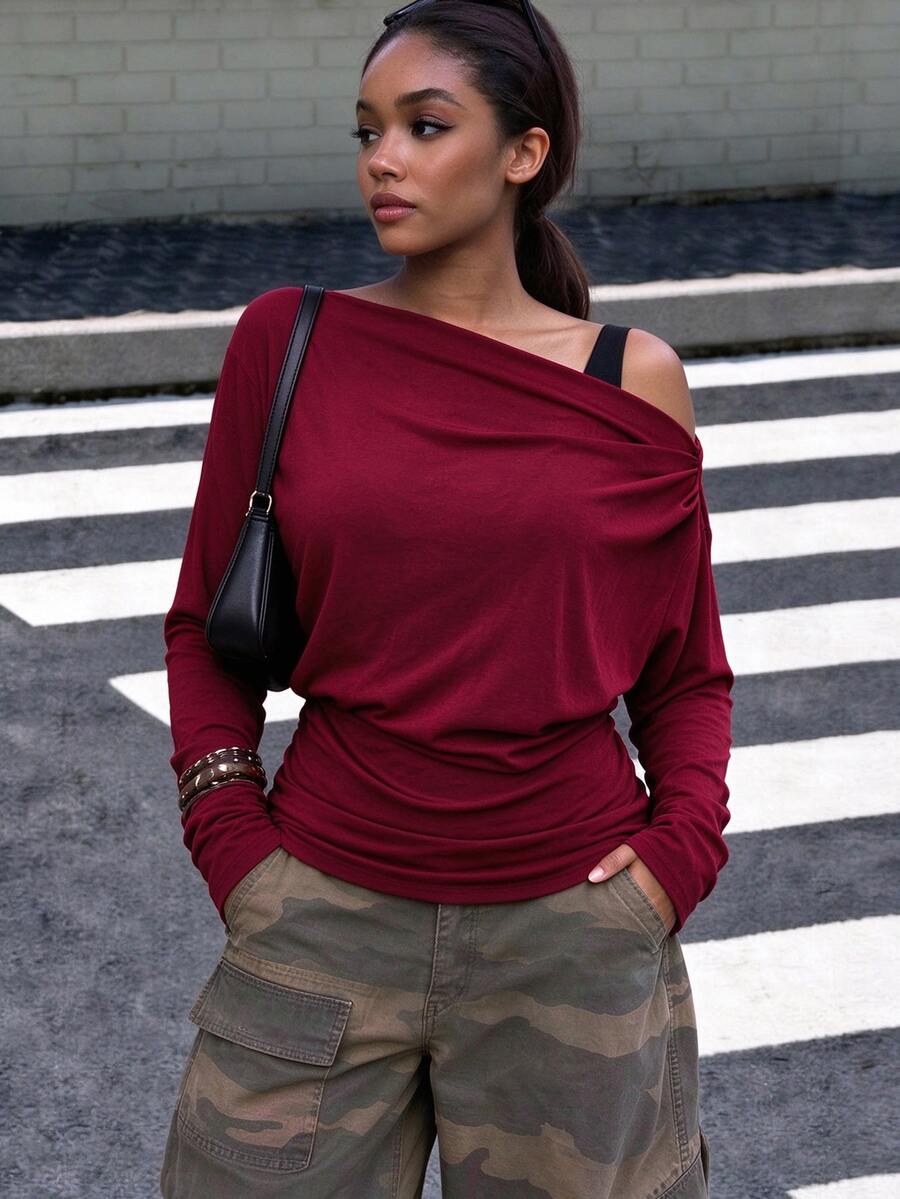 INAWLY Solva Women's Solid Color Asymmetrical Shoulder Long Sleeve Fashion Elegant Top - Burgundy - View 1