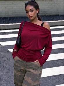 INAWLY Solva Women's Solid Color Asymmetrical Shoulder Long Sleeve Fashion Elegant Top - Burgundy - View 7