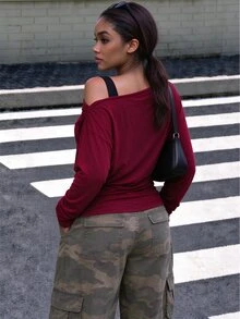 INAWLY Solva Women's Solid Color Asymmetrical Shoulder Long Sleeve Fashion Elegant Top - Burgundy - View 3
