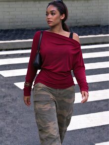 INAWLY Solva Women's Solid Color Asymmetrical Shoulder Long Sleeve Fashion Elegant Top - Burgundy - View 5